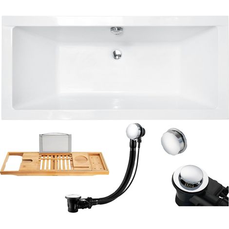 Badewanne Rechteck 190x90 + Kopfstütze + Bambus Ablage, Ablauf & Füße GRATIS - Komplettset 5in1 Original Acryl Wanne - BADLAND QUADRO