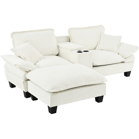 Modulares L-Sofa aus Chenille in Beige mit Hocker, Becherhaltern und USB, MODENUIT (1/5)