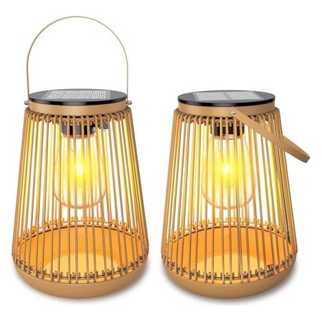 Luces solares para exteriores, paquete de 2 faroles solares para decoración de jardín con bombillas LED blancas cálidas, para pasarelas, terrazas, balcones, patios y portones.
