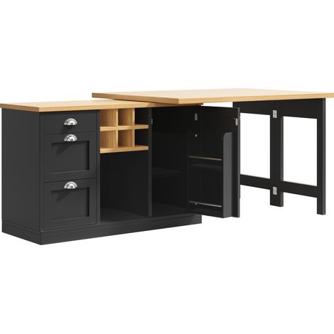Mesa bar multifuncional extensible con almacenaje, isla de cocina negra de MDF, 120-197 cm (1/5)