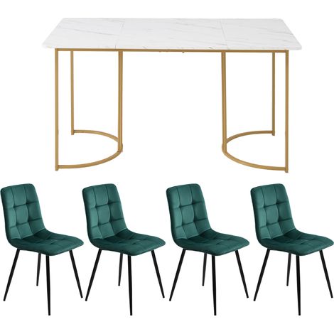 Ensemble de salle à manger 5 pièces, table à manger avec 4 chaises, ensemble de table de cuisine moderne, table de cuisine 140×80 cm avec pieds en métal doré, plateau MDF blanc, chaises de salle à man