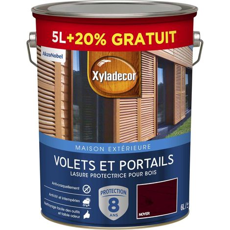 Lasure Protectrice pour Bois Extérieur Acrylique - Volets, Portails, Portes, Fenêtres - Couleur : Noyer - Quantité : 5L plus 20% gratuit (1/5)