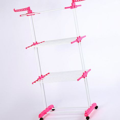 Porte-vêtements pliable sur pied en forme d'aile, design créatif, portable, à roulettes, porte-serviettes rétractable à trois niveaux, vente en gros, rose. (1/5)