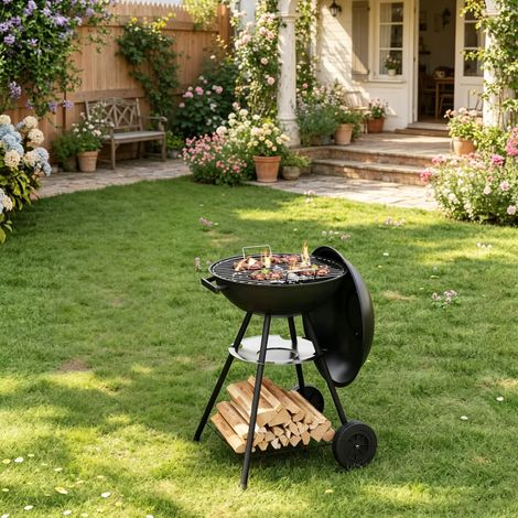 CHICFURN barbacoa de carbón redonda 45,5 x 42 x 73 cm metal negro jardín camping (1/5)