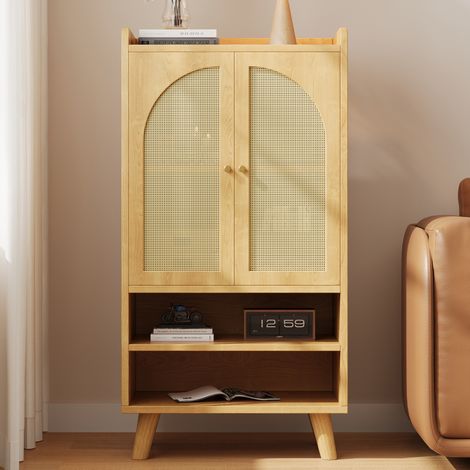 Credenza alta in truciolare naturale con 2 ante in rattan e 2 vani aperti, 60 x 40 x 121 cm