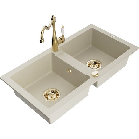 Mexen Mario 2-Becken-Granitspüle mit Mischbatterie Carla, Beige - 6504-69-670700-50