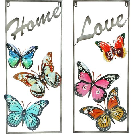 Deko Schmetterlinge Eisen Draußen Wanddeko Garten Aussen Gartendeko Metall für Außen, Home/Love Schriftzug, BxH 29,5 x 69,5 cm, 2er Set