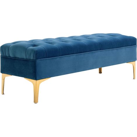 Banc banquette capitonnée bout de lit style classique chic dim. 118L x 45l x 42H cm piètement métal doré velours bleu (1/5)