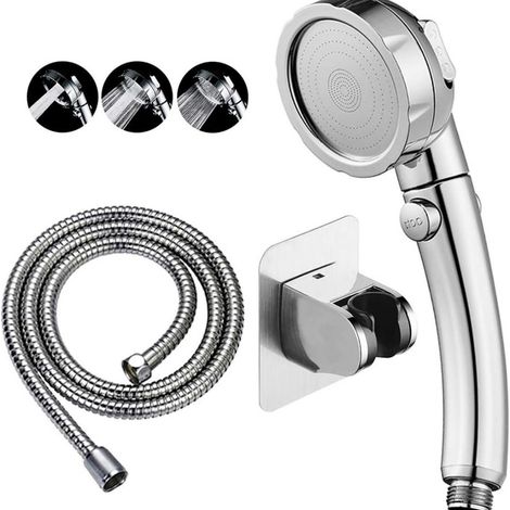 Pommeau pression tuyau inox 1,5m support argent (1/5)