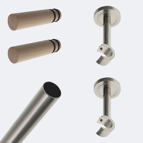 Kit de tringle à rideaux Nickel Mat 150cm Diam.20mm Embout Cylindre Bois - Fixation Mur - Boulet (1/3)