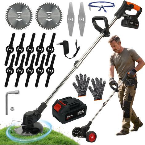Coupe-bordure à batterie 21V avec 2 batteries 2,6Ah – Moteur en cuivre pur – Tête de coupe pivotante 90° – Coupe nette pour terrains difficiles (1/4)