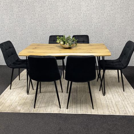 Wooden Dining Table and 6 Black Velvet Chairs - Stylish Dining Room Furniture (1/5)
