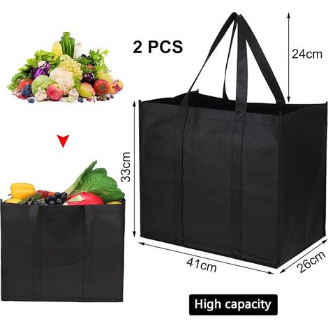 Juego de 2 bolsas de compra reutilizables con asas, 41x33x26cm, plegables, ideales para ir de compras, picnics, viajes y la playa. (1/4)
