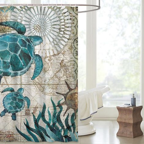 Rideau de Douche Anti-moisissure Salle de Bain Rideau Baignoire 180x180 Mer Tortue Marine Beaux Imprimés en Tissu Imperméable avec 12 Crochets