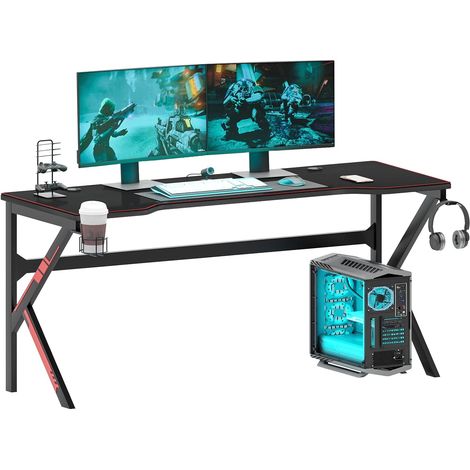 Soges Gaming-Tisch,160 x 60 cm großer Computertisch,Arbeitstisch,mit Mauspad,Getränkehalter,Kopfhörerhaken,Kabelmanagement,schwarz (1/5)