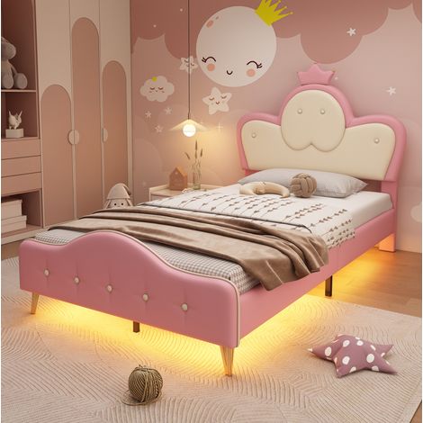 Letto singolo 90x200 cm bianco rosa in PU, testiera a corona e LED (1/5)