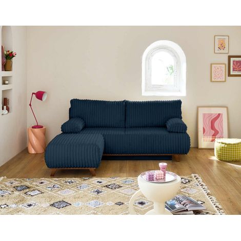 Cristal - 3-sitzer sofa - schlaffunktion und bettkasten und puff - großer geripptem cord - blau