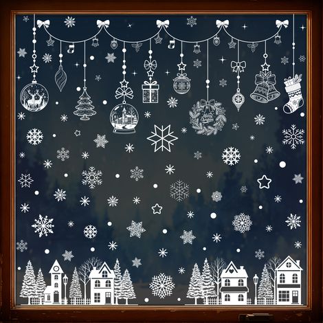 Autocollants de Noël, autocollants du Nouvel An russe, silhouettes de villes blanches, scènes d'hiver enneigées, autocollants de flocons de neige pour fenêtres.