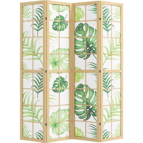 CHICFURN biombo de 4 paneles 160 x 170 cm de madera verde con motivo tropical, plegable (1/5)