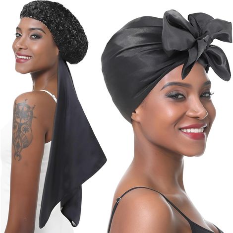2 en 1 Filet à Cheveux et Bonnet Enveloppant Pour le Silk Press, Foulard en Satin et Filet à Cheveux– Bandeau de Nuit Pour Femme, Soin Des Cheveuxs Bouclés (black (1/5)