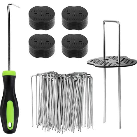 Lot de 100 Piquets de Fixation pour Jardin – 150 x 36 mm  Piquets en Acier Galvanisé Forme de U avec 100 Rondelles et 1 Crochet, pour Toile de Paillage, Grillage et Gazon Artificiel (1/5)
