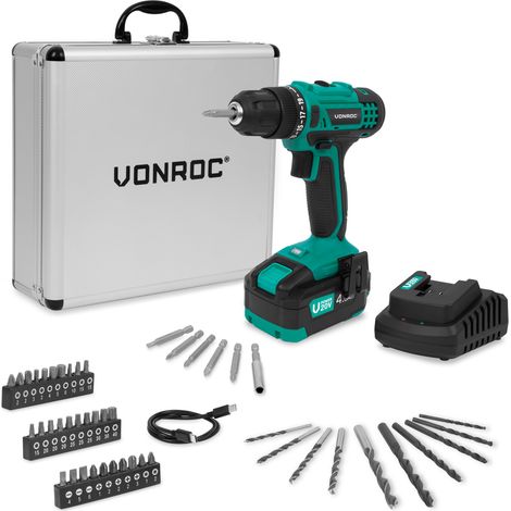 VONROC Akku-Bohrschrauber 20V – 19 Drehmomentstufen + Bohrmodus – Inkl. 4,0Ah Akku, Ladegerät und 46 Zubehörteilen im Premium-Koffer