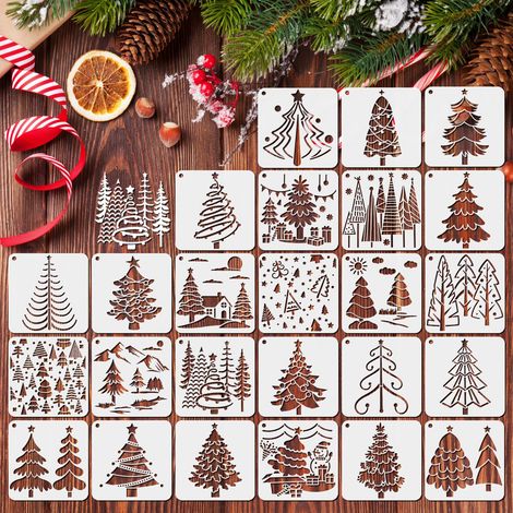 25 Pièces Pochoir de Noël pour Peinture sur Bois, Réutilisable Christmas Paint Stencils Kit, Bricolage Dessin Pochoirs pour DIY Cartes Cadeaux, Vêtements, Toile, Fête Décoration(7.6x7.6cm) (1/5)