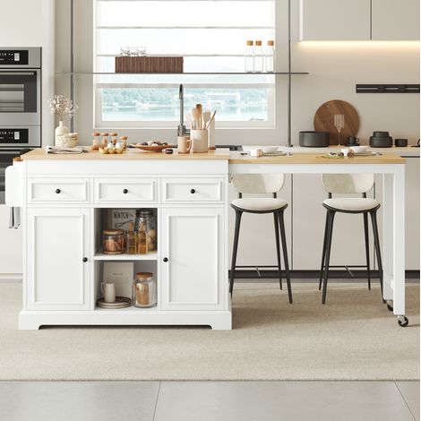 REDOM Isla de cocina (112x45x92 cm), encimera lateral extensible, 3 cajones y especiero, MDF blanco y natural (1/5)