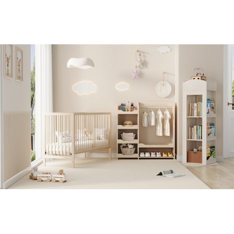 Ensemble de meubles mixtes pour chambre jeunesse en bois naturel. Lit multifonctionnel associé à une armoire et une bibliothèque pivotante complète.