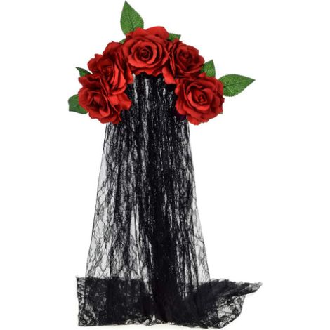 Headband - Dia De Los Muertos - Flower Crown with Black Veil and Rose Lace - Adjustable Satin-Finished Plastic Band - 1 Piece (1/5)