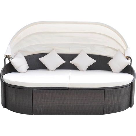 Chaise longue Transat Bain de soleil de jardin avec auvent Résine tressée Marron (1/5)