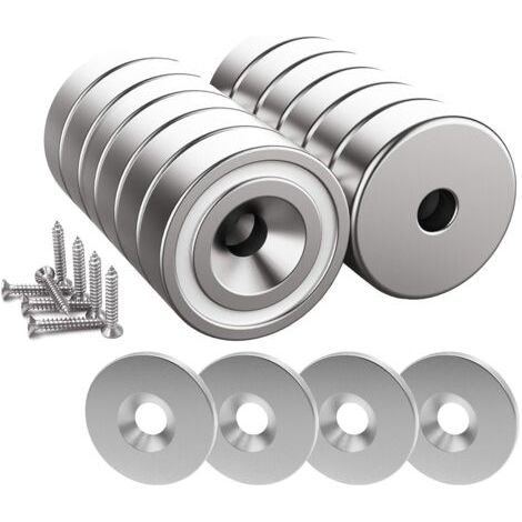12 aimants en néodyme, force de traction de 10 kg, 20 x 7 mm, avec trous et capsule, aimant en forme de boîte fraisée avec vis et 12 rondelles en acier (argent brillant). (1/4)