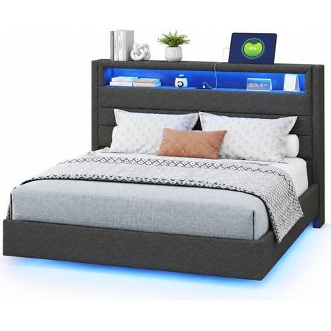 Polsterbett 140 x 200 cm, USB, Einstellbare LED und Drehbares Kopfteil, ohne Matratze, Grau (1/5)