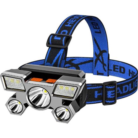 Lampada frontale a LED ricaricabile USB da 5W, lampada frontale impermeabile a 5 teste per campeggio, avventura, escursionismo, lampada frontale di emergenza, fascia per la testa, cavo USB, scatola di (1/4)