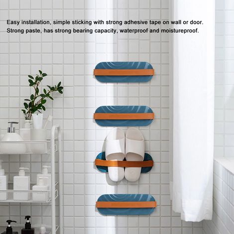 Rangement mural pour chaussures de salle de bain, étagère adhésive de drainage pour pantoufles, bleu (1/5)