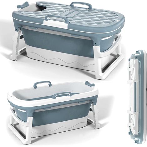 Vasca da bagno pieghevole in silicone blu, portatile, per casa e SPA, 110 cm (1/5)