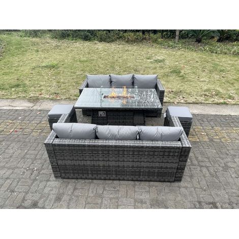 Fimous Outdoor PE Rattan Garden Furniture Gas Fire Pit Dining Table Lounge Sofa 2 PC Footstools Dark Grey Mixed Patio (1/4)