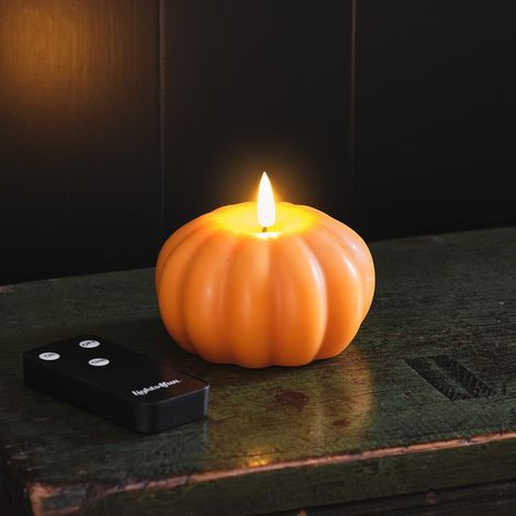 Set mit 5 flammenlosen, kürbisförmigen LED-Kerzen, warmweiß, batteriebetrieben, echtes orangefarbenes Wachs, mit Timer und Fernbedienung, Halloween- und Herbstdekoration für den Innenbereich (1/5)