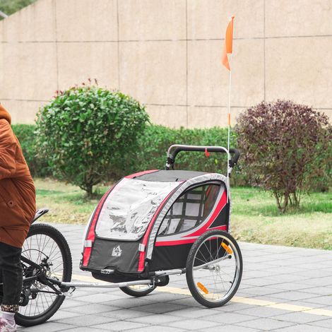 Remorque vélo pour enfant 2 en 1 convertible jogger poussette capacité 26,4 kg avec réflecteurs et drapeau - 2 places - rouge (1/5)
