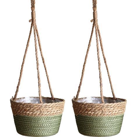 (20 cm maskintillverkad grön korg) 2 st rottingblomkorg hängande korg hängande kruka grön rädisa blomkruka hamparep hängande hängande vägg (1/4)