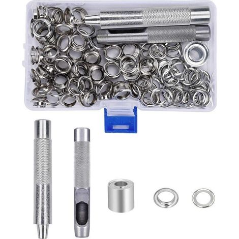 Ensembles Oeillets 10mm Grommets kit Oeillets Métalliques avec Boîte de Rangement pour Toile Bâche Tente Rideaux de Réparation 123 Pcs.. (1/4)