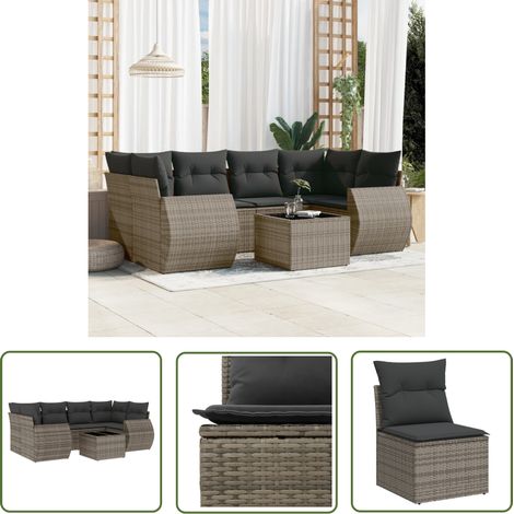 The Living Store 7-tlg. Garten-Sofagarnitur mit Kissen Grau Poly Rattan - Gartenmöbel Set - Esstischgarnitur - Outdoor Möbel - Rattan Gartenmöbel - Lounge Garnitur (1/5)