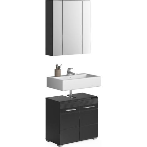 Conjunto de muebles de baño: mueble bajo lavabo + armario de almacenamiento con espejo - Negro lacado - KLEANKIN