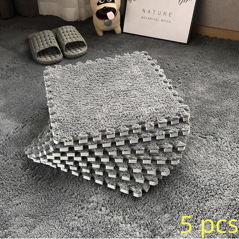 Lot de 5 dalles de moquette emboîtables en mousse - 30 x 30cm - Puzzle en peluche - Tapis de sol avec bordure - Pour salon et chambre à coucher - Gris (1/5)