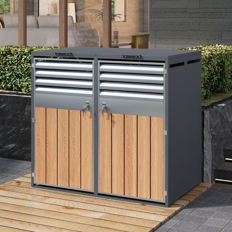 Armario para cubos de basura de exterior de acero gris y efecto madera, 2 compartimentos, tapa hidráulica y cierre (1/5)