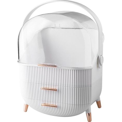 Universal cosmetic storage box, sun protection, transparent dust cover, large capacity, with drawer, with handle, plastic/acrylic material, white (1/5)