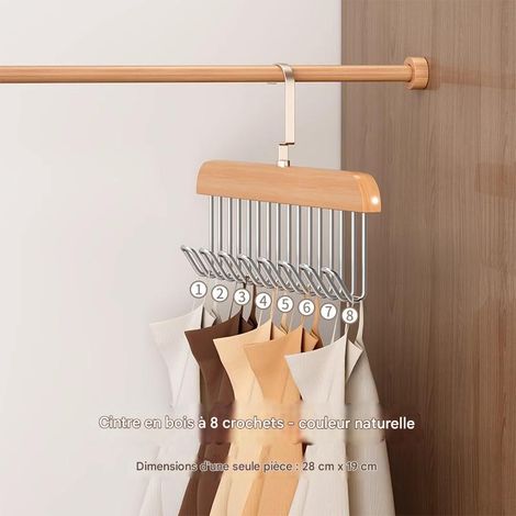 Cintre en bois à 8 crochets - Solution de rangement pour soutiens-gorge et foulards - Couleur bois naturel - Lot de 5 (1/5)