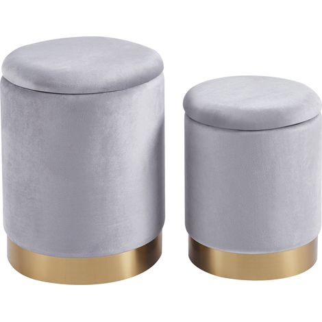 Set Di 2 Pouf Contenitori In Velluto Design Moderno Poggiapiedi,Sgabello Tondo con Coperchio Rimovibile e Seduta Imbottita Alta Densità Con Fascia In Metallo Contenitore Capiente Storage Box Grigio (1/5)