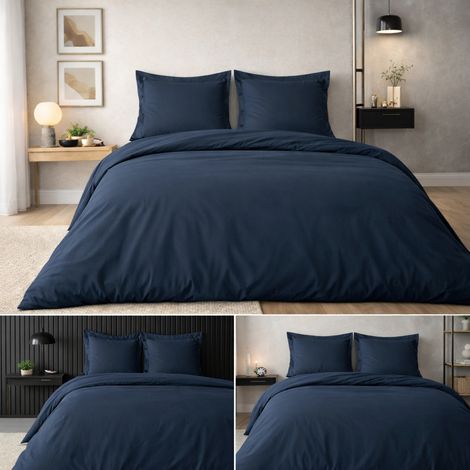 Housse de couette 260 x 240 cm Percale de coton 78 fils Bleu Nuit + 2 taies 63 x 63 cm (1/5)