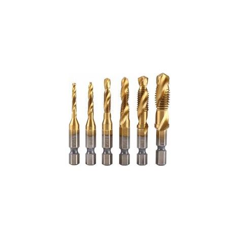 Lot de 6 tarauds filetés, foret taraud, filetage métrique M3-M10 avec revêtement en titane HSS et embouts de taraudage 1/4" queue hexagonale cannelée pour tarauder différents fils. (1/5)